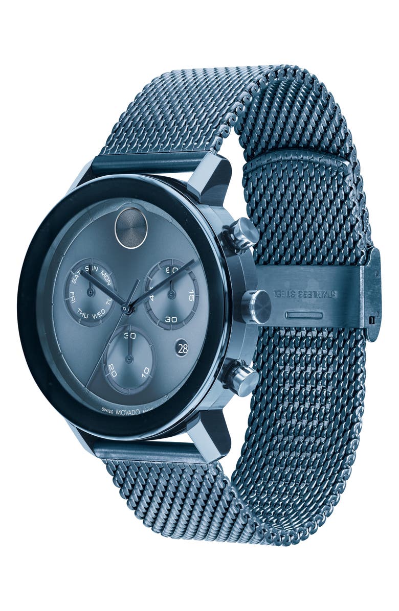 Movado Bold Evolution Chronograph Mesh Strap Watch, 42mm, Alternate, color, Blue Dial