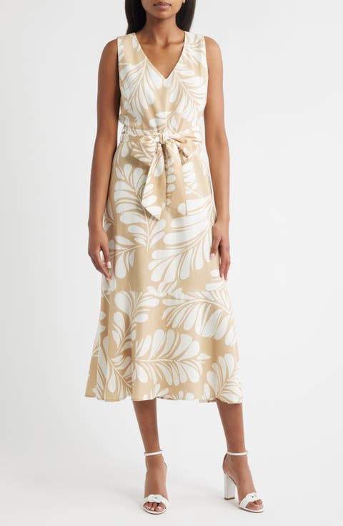 Leaf Print Sleeveless Midi Dress