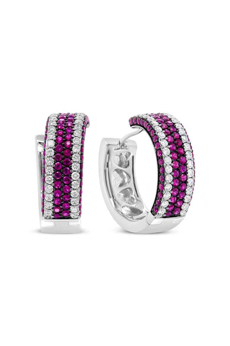 18K White Gold 1 7/8 Cttw Diamond and 1mm Round Red Ruby Open Swish Hoop Earrings, Main, color, White