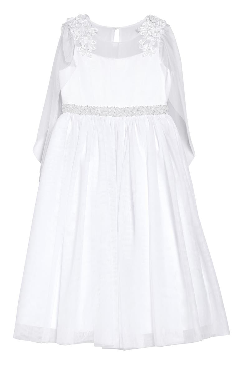 Iris & Ivy Illusion Lace Cape Sleeve First Communion Dress, Main, color, WHITE