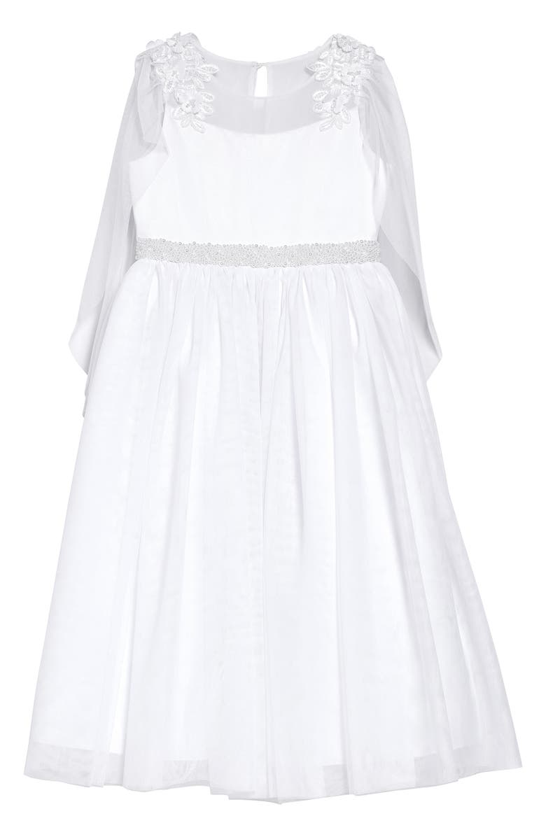 GERSON & GERSON Iris & Ivy Illusion Lace Cape Sleeve First Communion Dress, Main, color, 