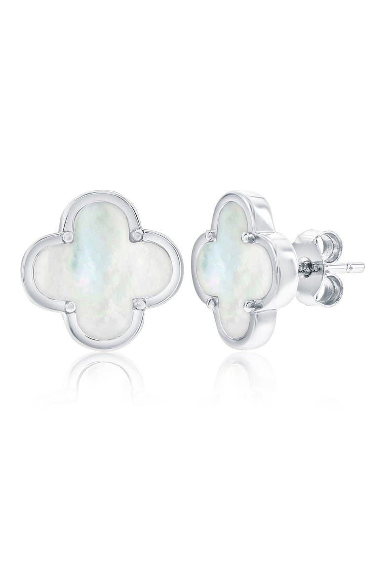 Mother-of-Pearl Clover Stud Earrings, Main, color, SILVER
