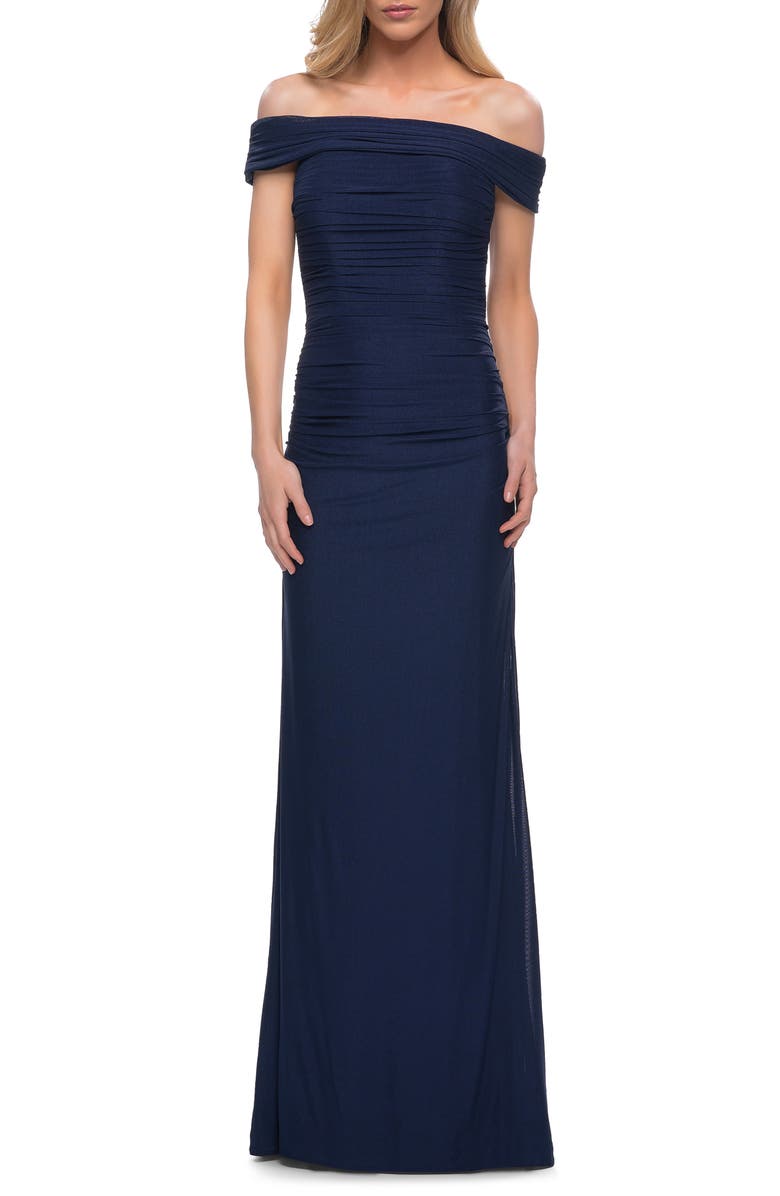 La Femme Off the Shoulder Ruched Jersey Trumpet Gown, Main, color,