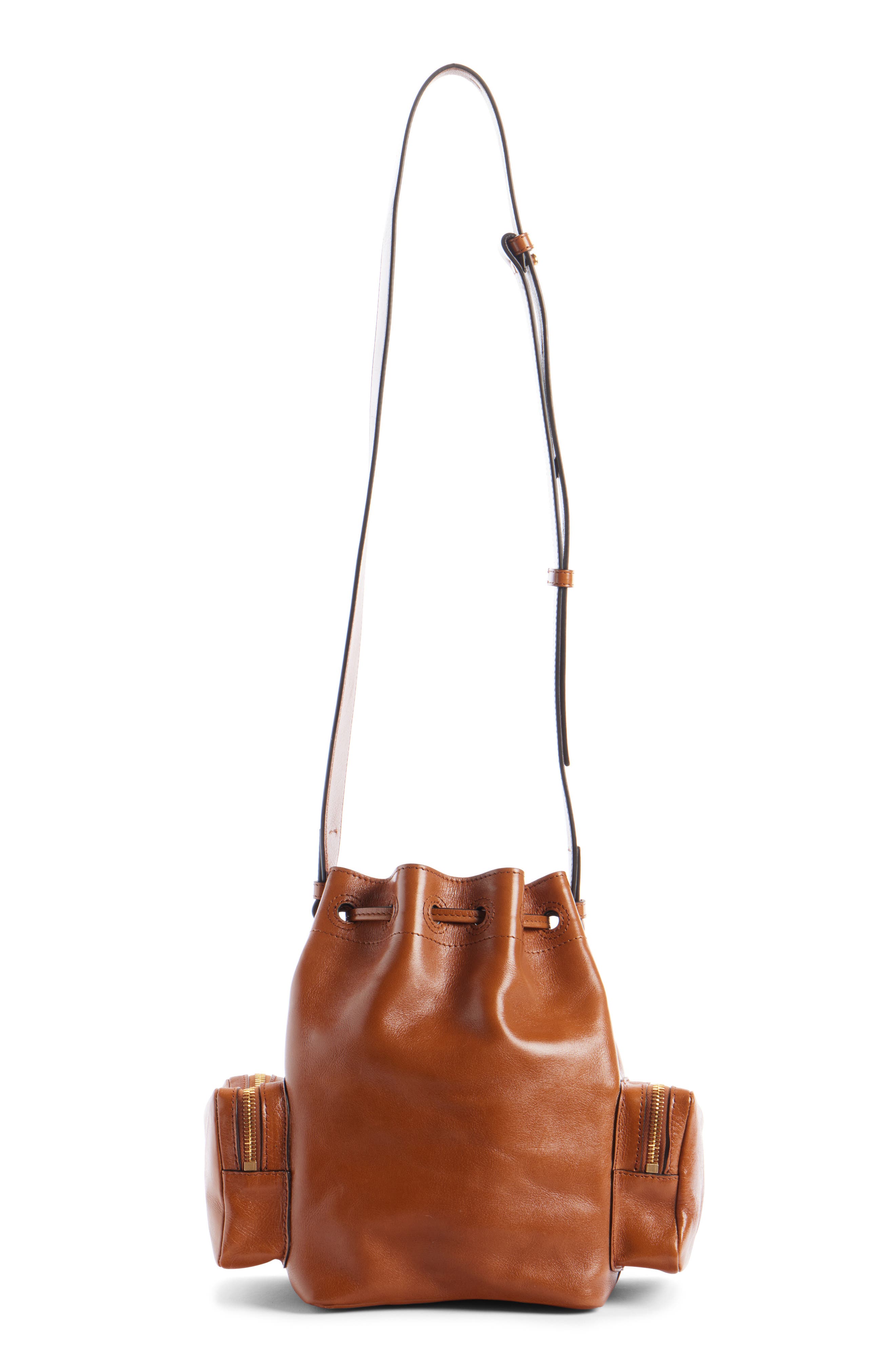 Camera Leather Bucket Bag, Alternate, color, CLAY BROWN