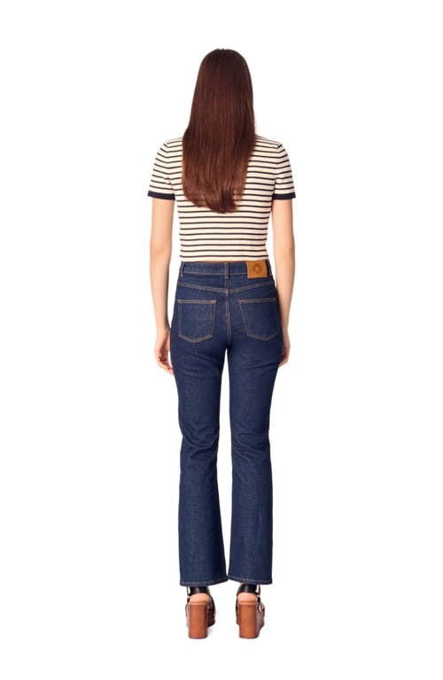 Maje Striped Short-sleeve Cardigan In Ecru/navy Blue