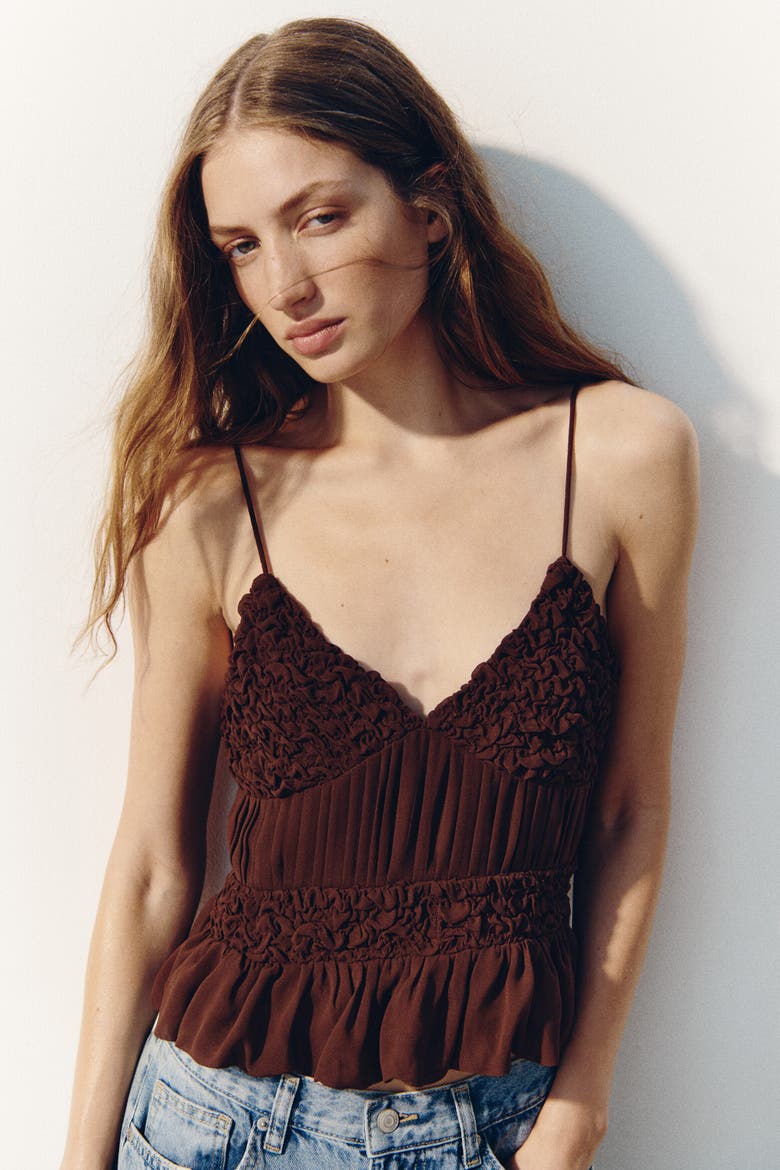 Ruched Chiffon Strappy Top, Alternate, color, Dark brown