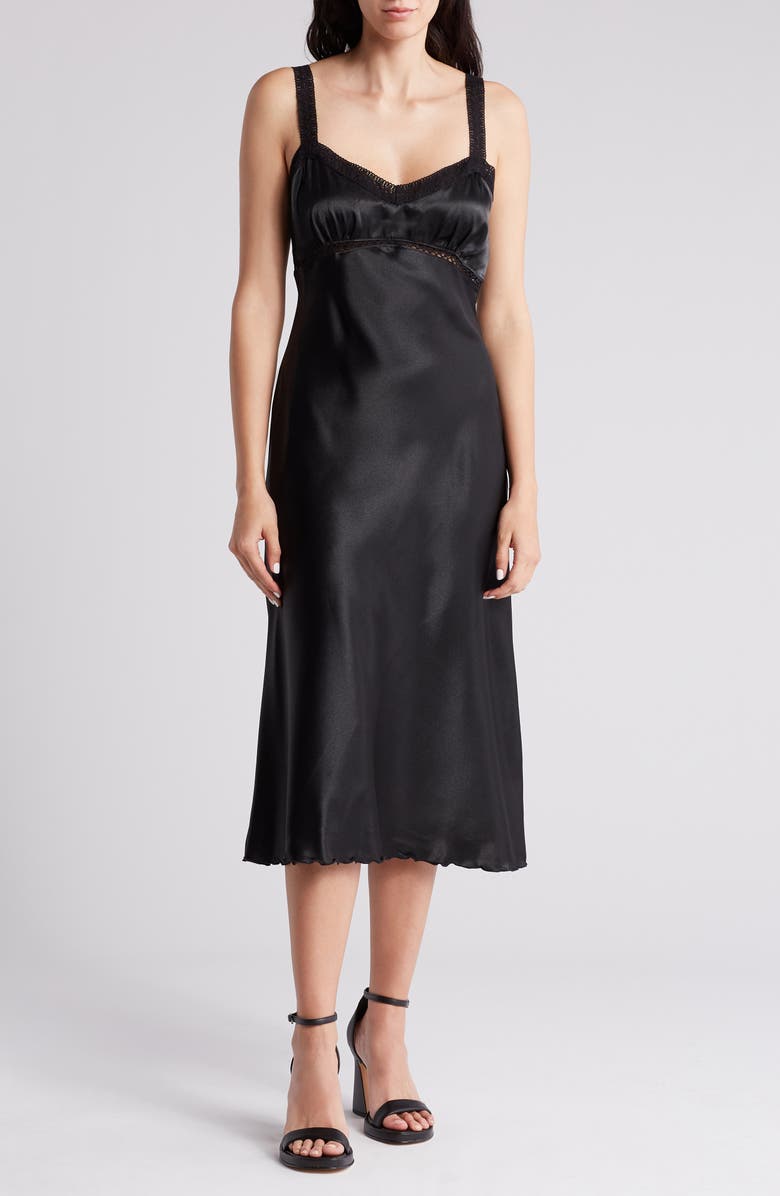 bebe Lace Strap Satin Midi Slipdress, Main, color, Black