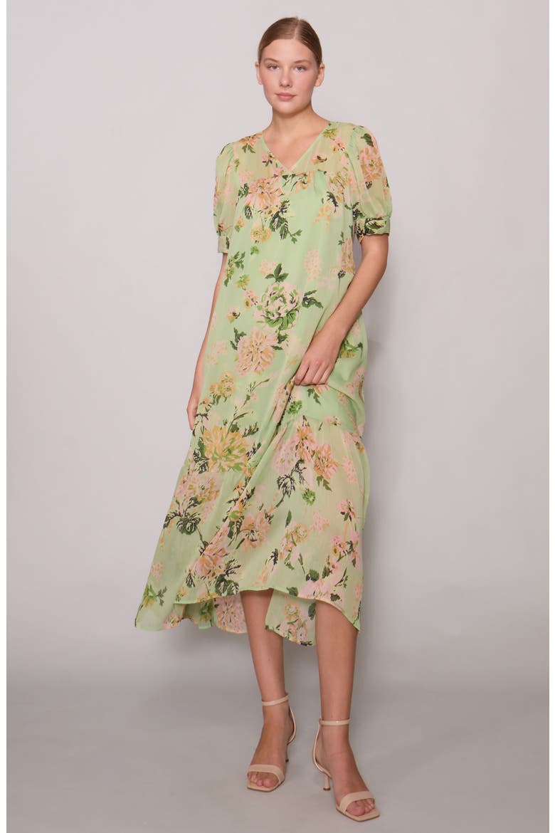 Puff Sleeve Tiered Midi Dress, Alternate, color, SAGE MULTI