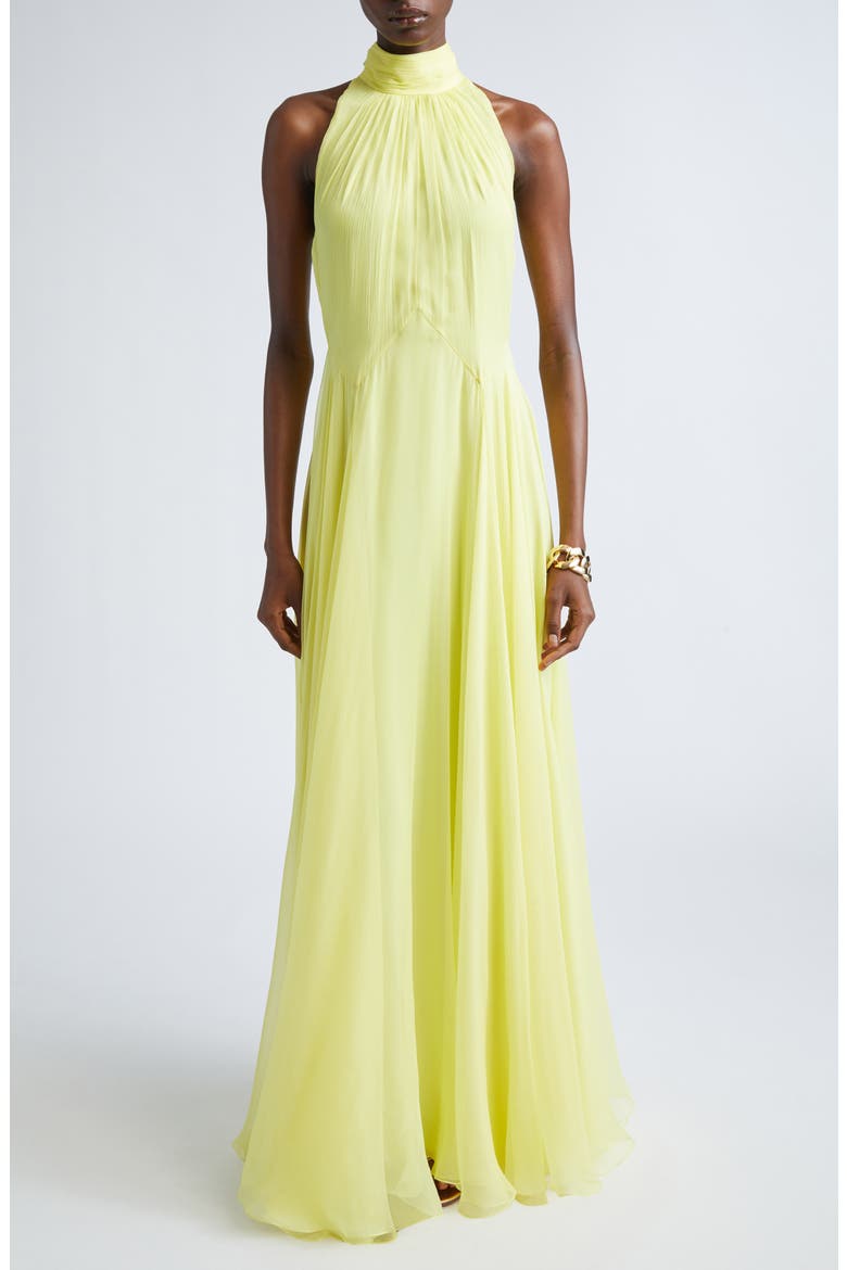 Bow Back Pleated Silk Chiffon Gown, Main, color, ACID YELLOW