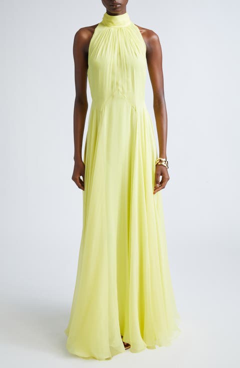 Bow Back Pleated Silk Chiffon Gown