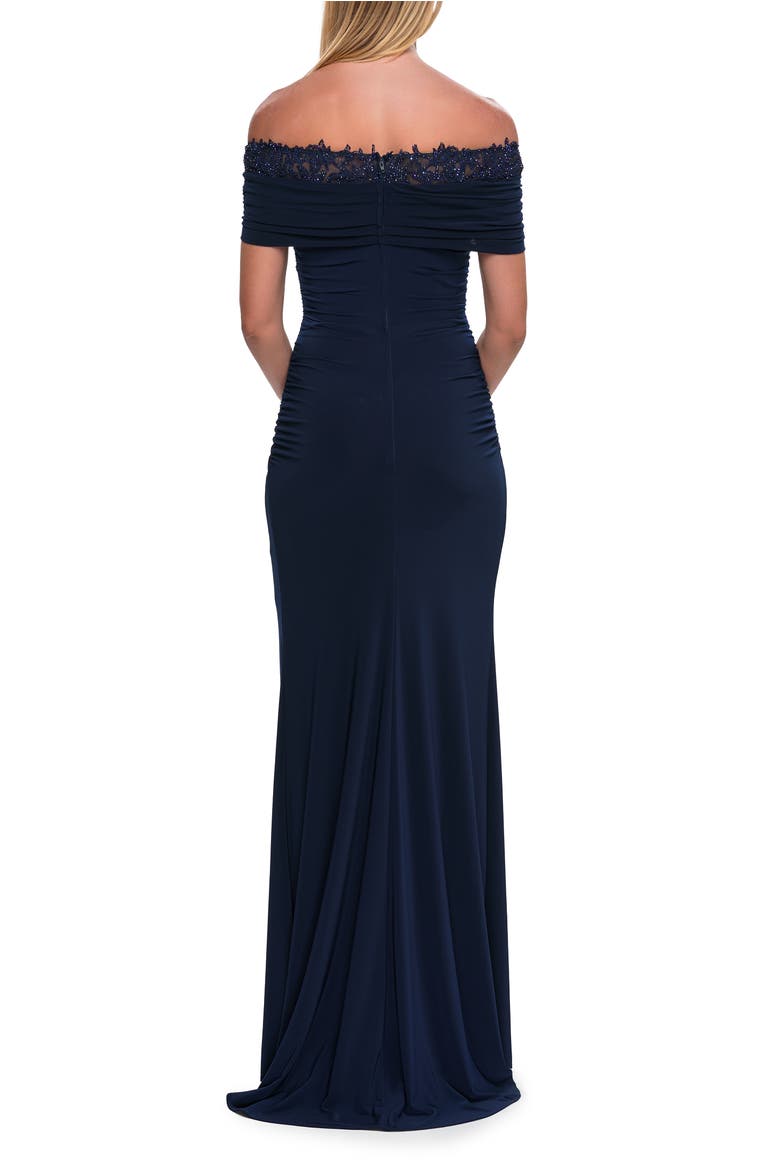 Off the Shoulder Lace Trim Evening Gown, Alternate, color, Navy