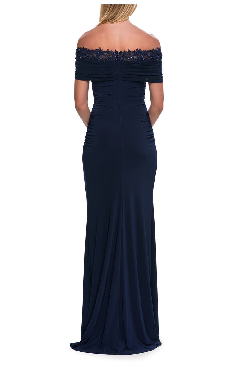 La Femme Off the Shoulder Lace Trim Evening Gown, Alternate, color, Navy