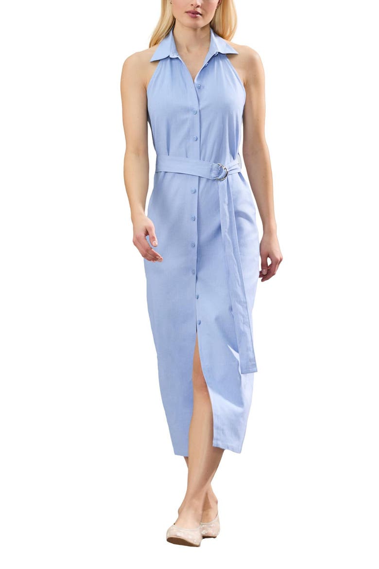 Belted Sleevess Linen Blend Shirtdress, Main, color, BLUE