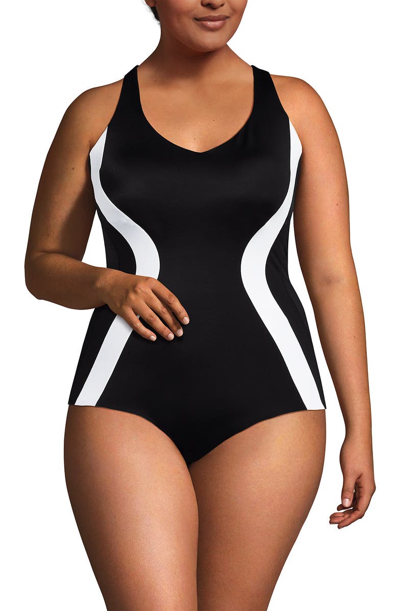 Lands' End Tugless Contour One Piece, Alternate, color, Black/White
