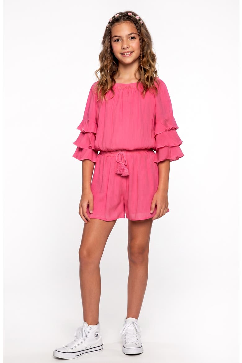 Kids' Tiered Ruffle Sleeve Romper, Alternate, color, HOT PINK