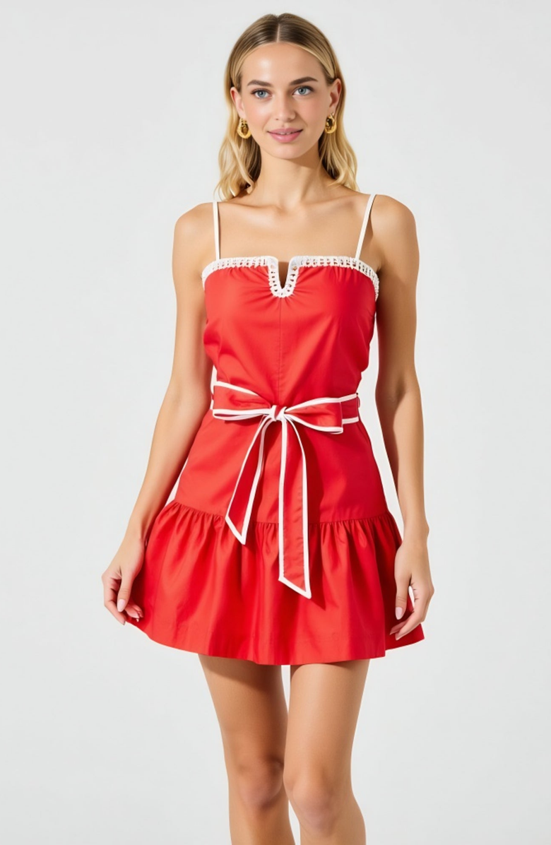 Modenaire Spaghetti-Strap Crochet-Trim Tie-Waist Mini Dress, Main, color,