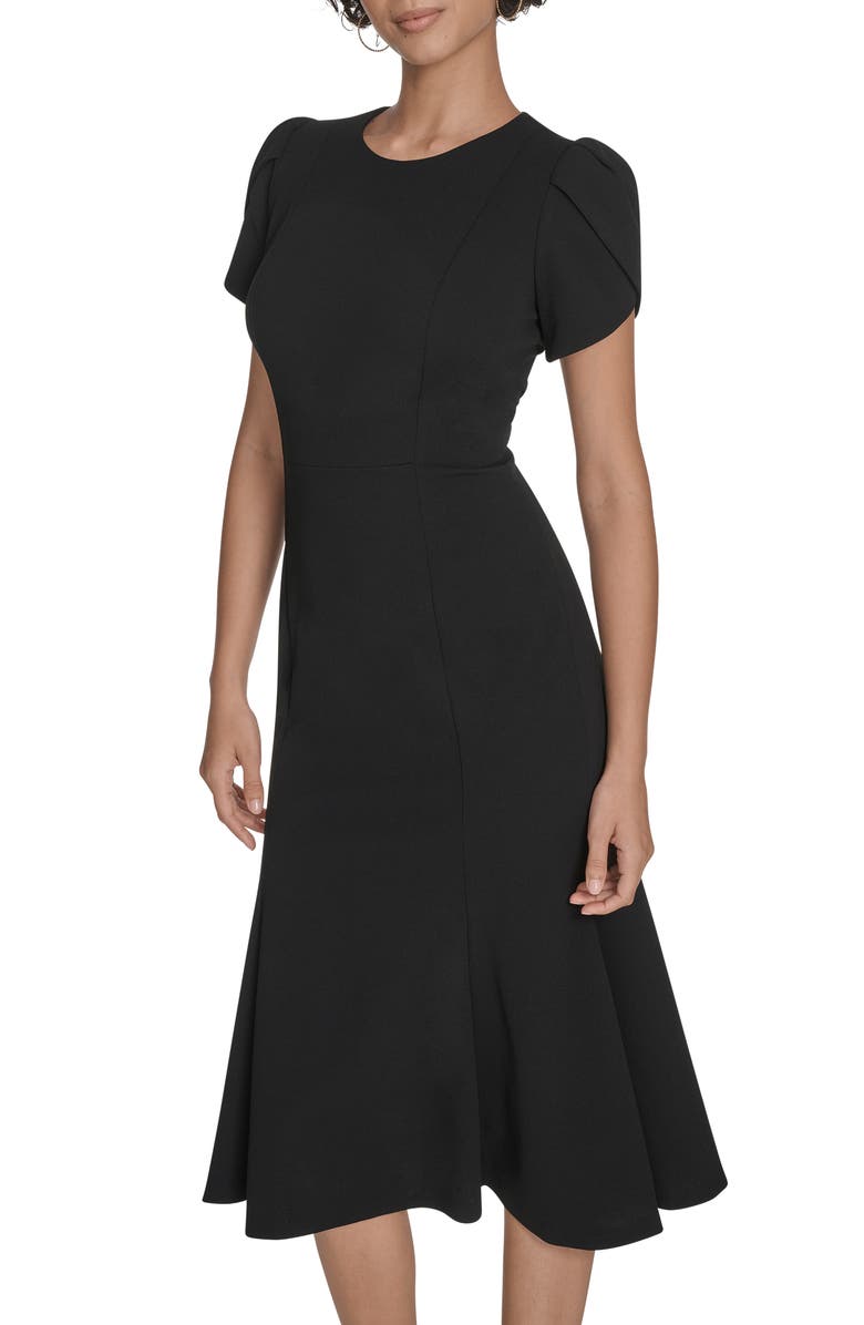 Calvin Klein Tulip Sleeve Crepe A-Line Midi Dress, Alternate, color, Black