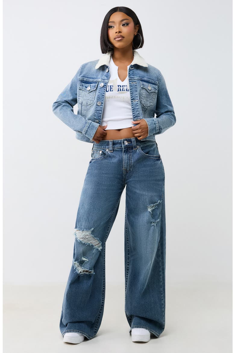 Jesse Cropped Faux Shearling Collar Denim Jacket, Alternate, color, LIGHT BUCKING WASH