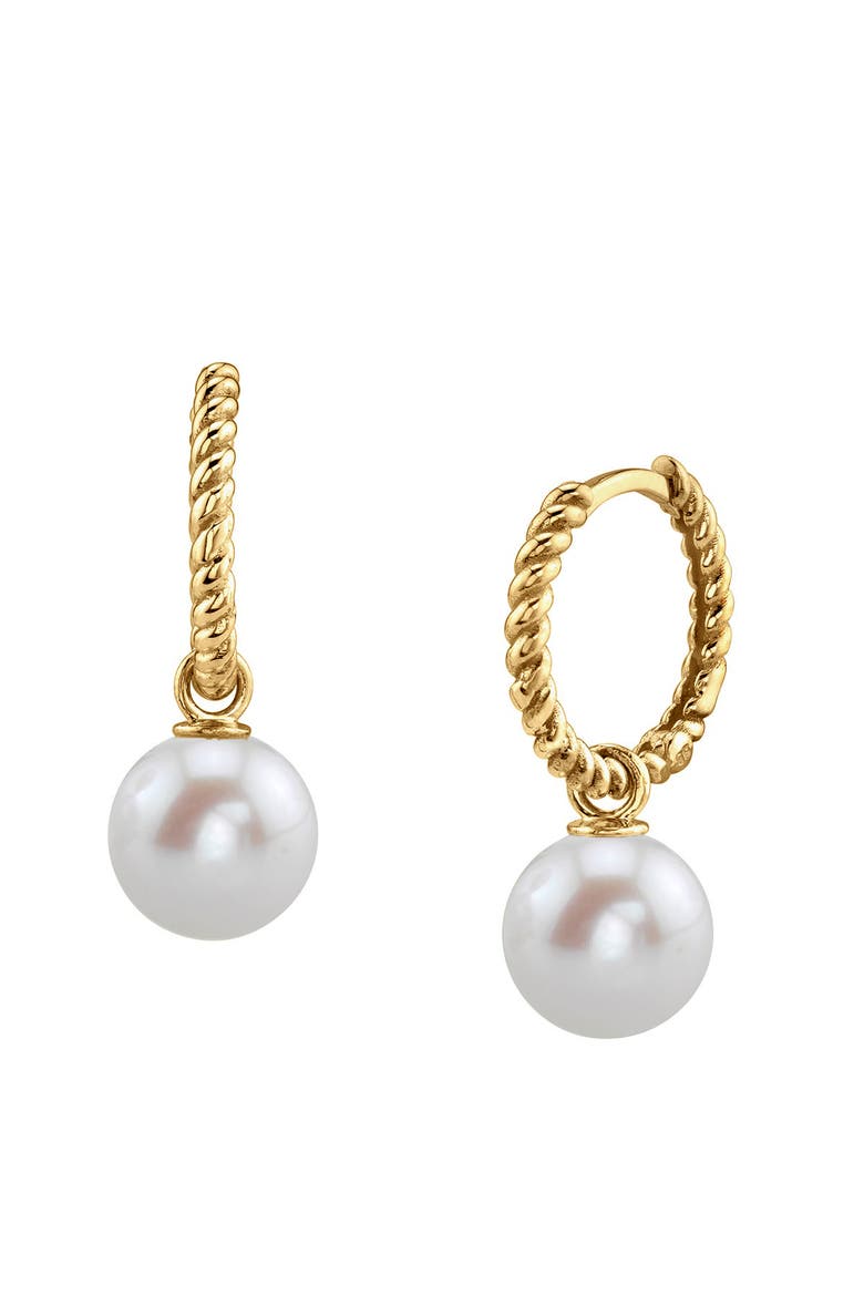 Freshwater Pearl Hoop Via Earrings, Main, color, Yellow Gold