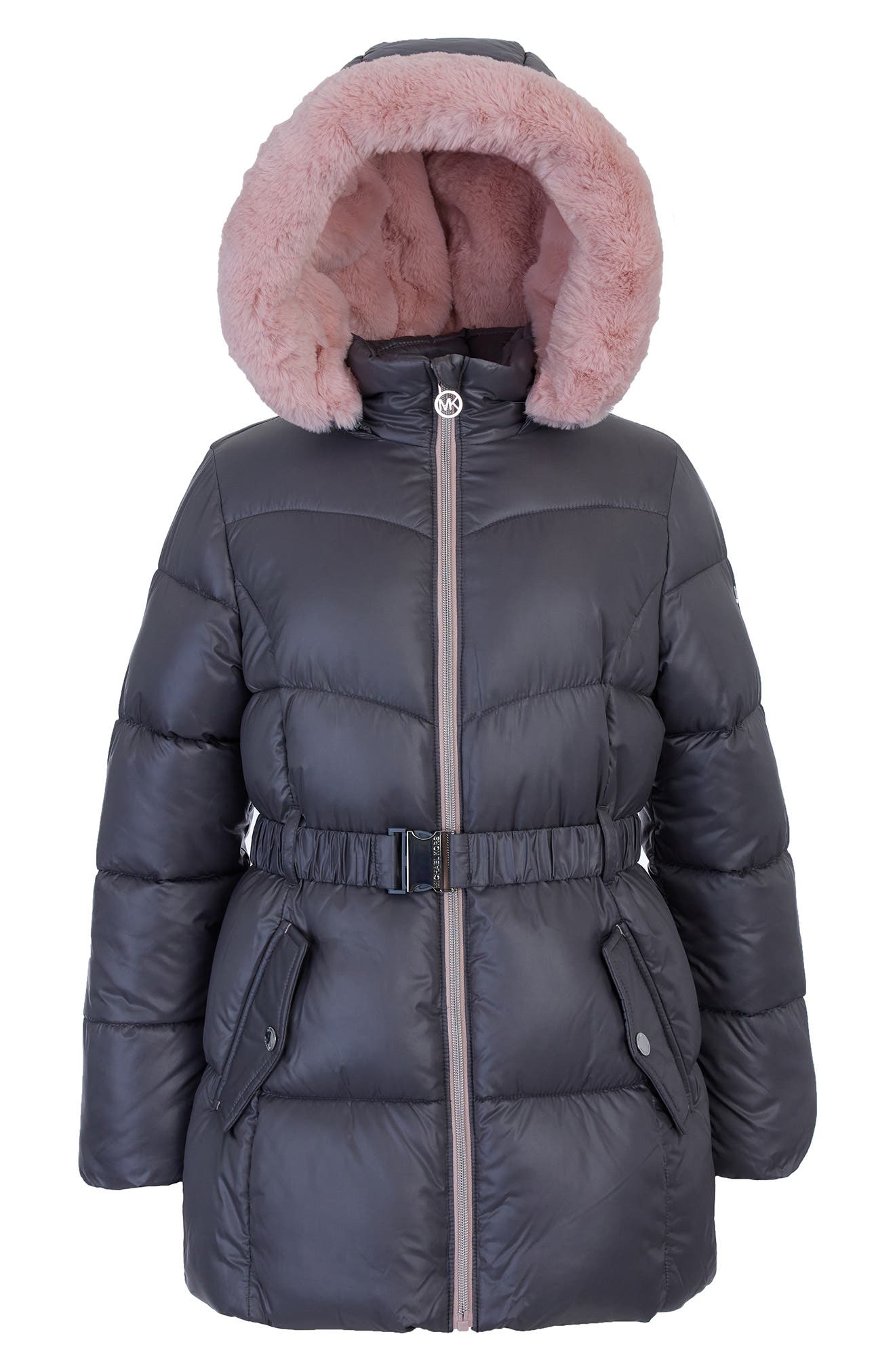 Michael Kors Kids' Belted Stadium Faux Fur Hooded Puffer Jacket