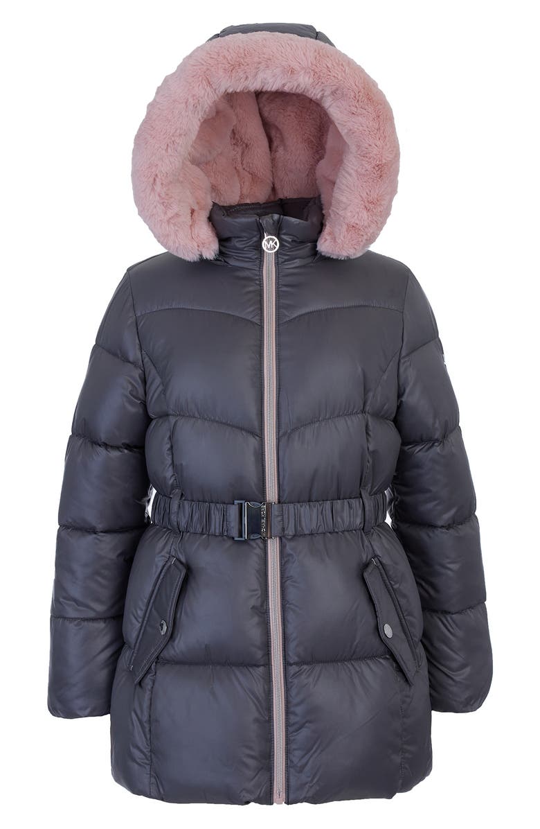 Michael Kors Kids' Belted Stadium Faux Fur Hooded Puffer Jacket, Main, color, Gunmetal