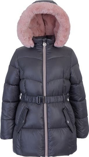Kids' Belted Stadium Faux Fur Hooded Puffer Jacket