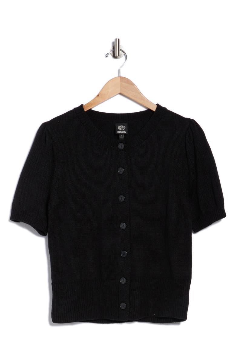 Bobeau Puff Short Sleeve Button Front Cardigan, Alternate, color, Black