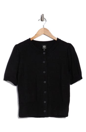 Bobeau Puff Short Sleeve Button Front Cardigan In Black