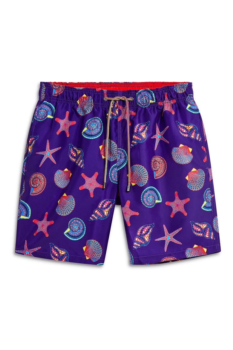 Seashell Print Swim Trunks, Alternate, color, NIGHT BLUE
