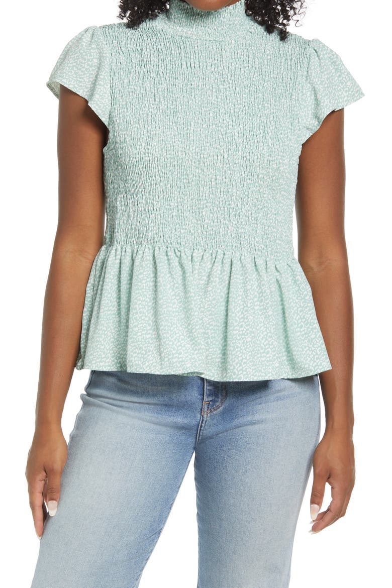 Smocked Detail Peplum Top, Main, color, SAGE ABSTRACT ANIMAL