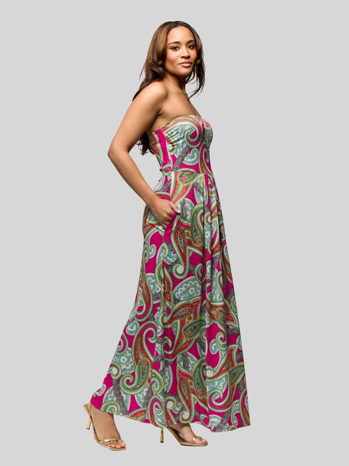 24seven Comfort Apparel Maternity Pink Paisley A-line Strapless Maxi Dress With Pockets In Multi