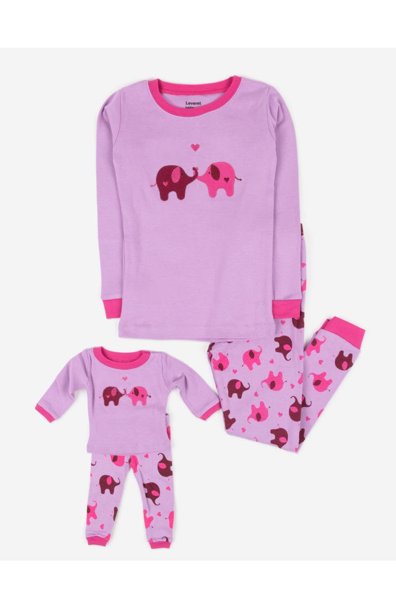 Leveret Girls 2-pc. Cotton Pajamas with Matching Doll Accessory - Animal Prints, Alternate, color, Elephant Pink