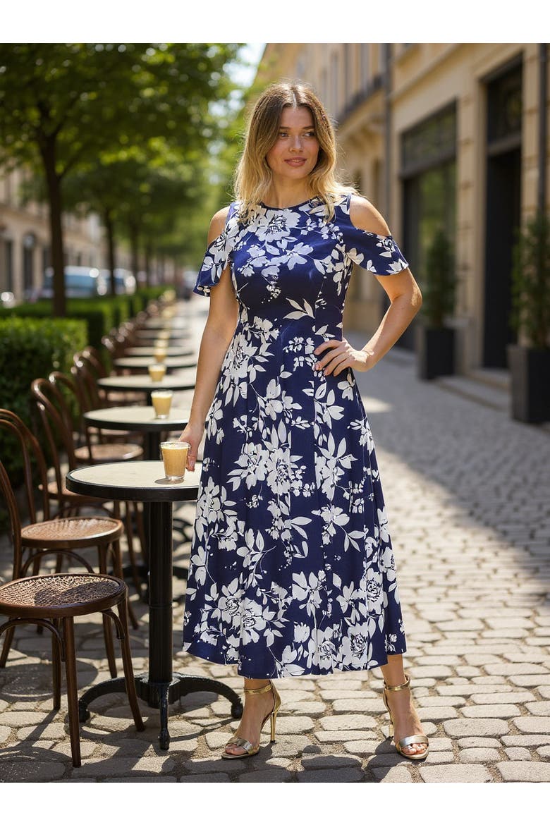 Womens Floral Ruffle Sleeve Cold Shoulder A-Line Maxi Dress, Alternate, color, Navy Multi