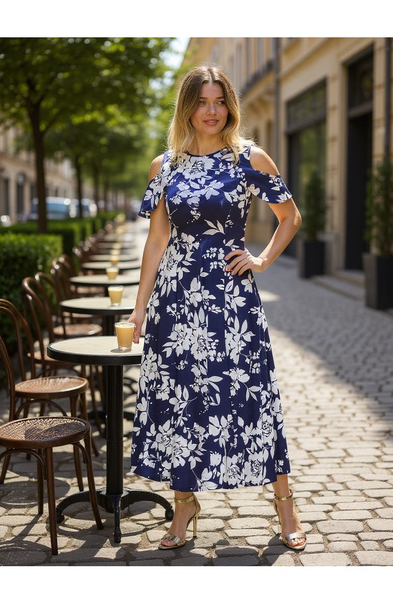 24seven Comfort Apparel Womens Floral Ruffle Sleeve Cold Shoulder A-Line Maxi Dress, Alternate, color, Navy Multi