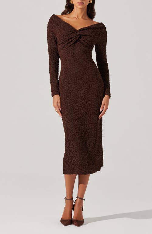 ASTR the Label Textured Knot Front Off the Shoulder Long Sleeve Dress in Brown 