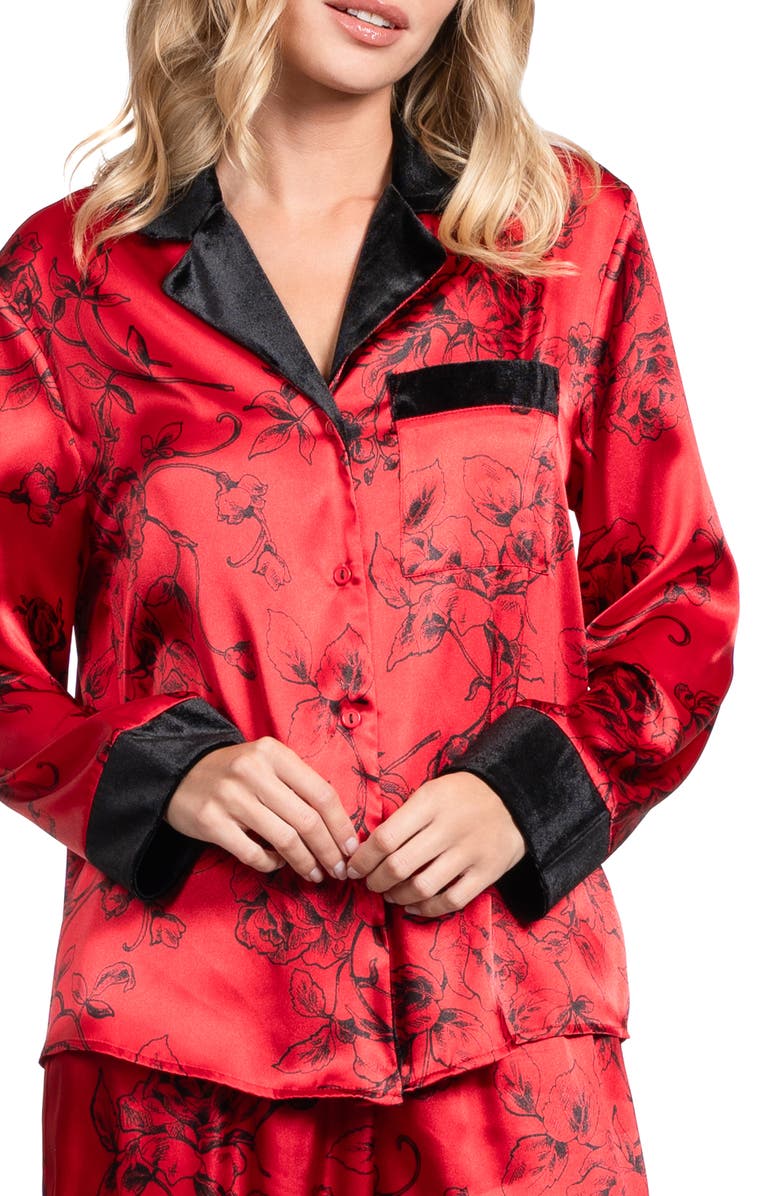 In Bloom by Jonquil Velvet Trim Floral Print Satin Pajamas, Alternate, color, Scarlette