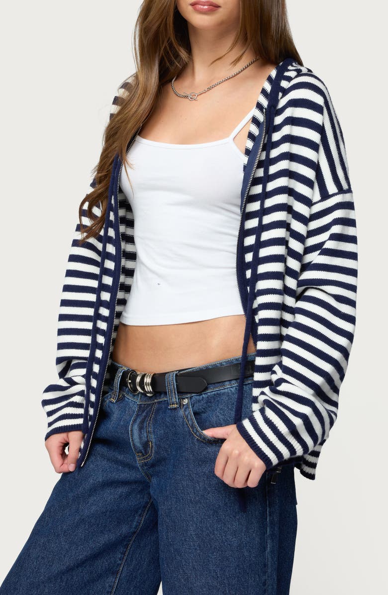 EDIKTED Safari Stripe Knit Zip Front Hoodie, Alternate, color, Navy-And-White
