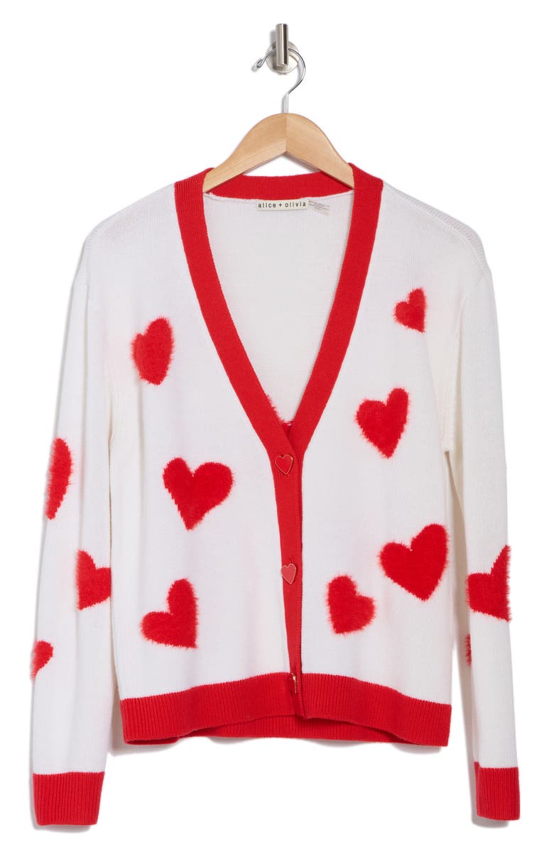 Alice + Olivia Bradley Intarsia Heart Wool Blend Cardigan, Alternate, color, Soft White/ Bright Ruby
