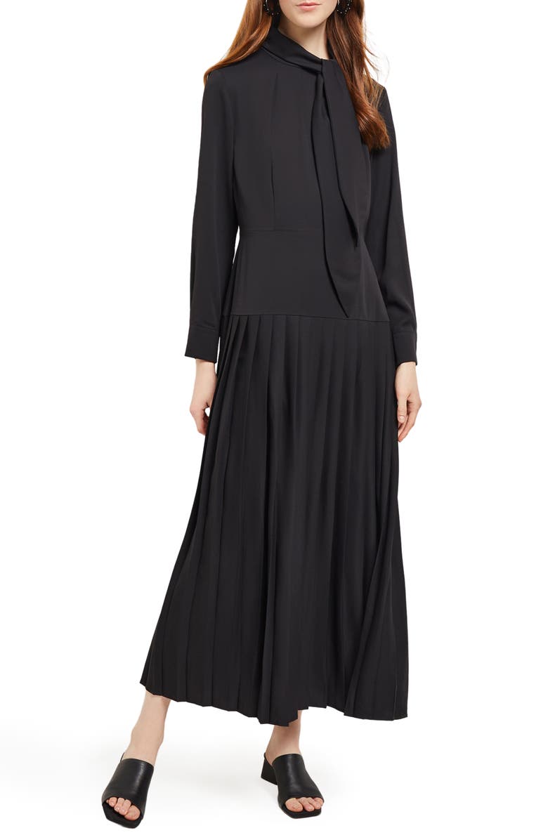 Misook Tie Neck Long Sleeve Pleated Maxi Dress, Main, color,
