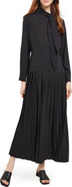 Misook Tie Neck Long Sleeve Pleated Maxi Dress