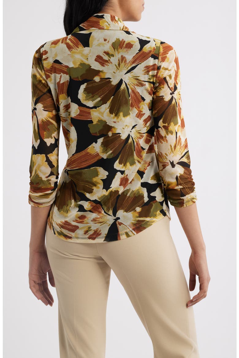 Tropical Print Ruched Mesh Button-Up Shirt, Alternate, color, ANNE BLACK MULTI