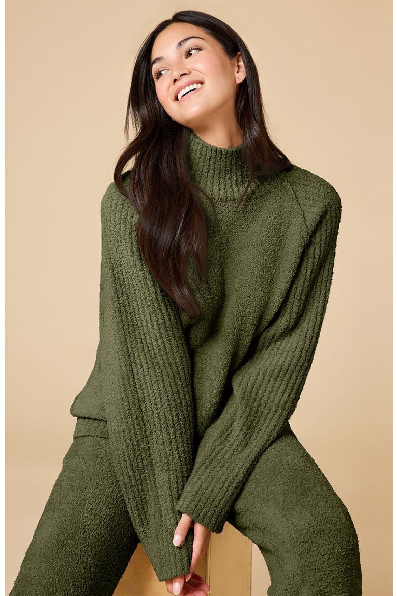 Solid Marshmallow Rib Mock Neck with Long Pant, Alternate, color, Olive