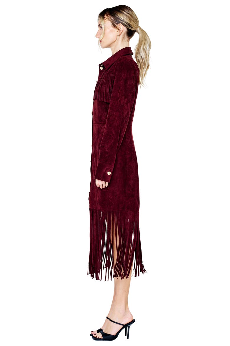 Jimena Fringe Long Sleeve Faux Suede Midi Dress, Alternate, color, WINE