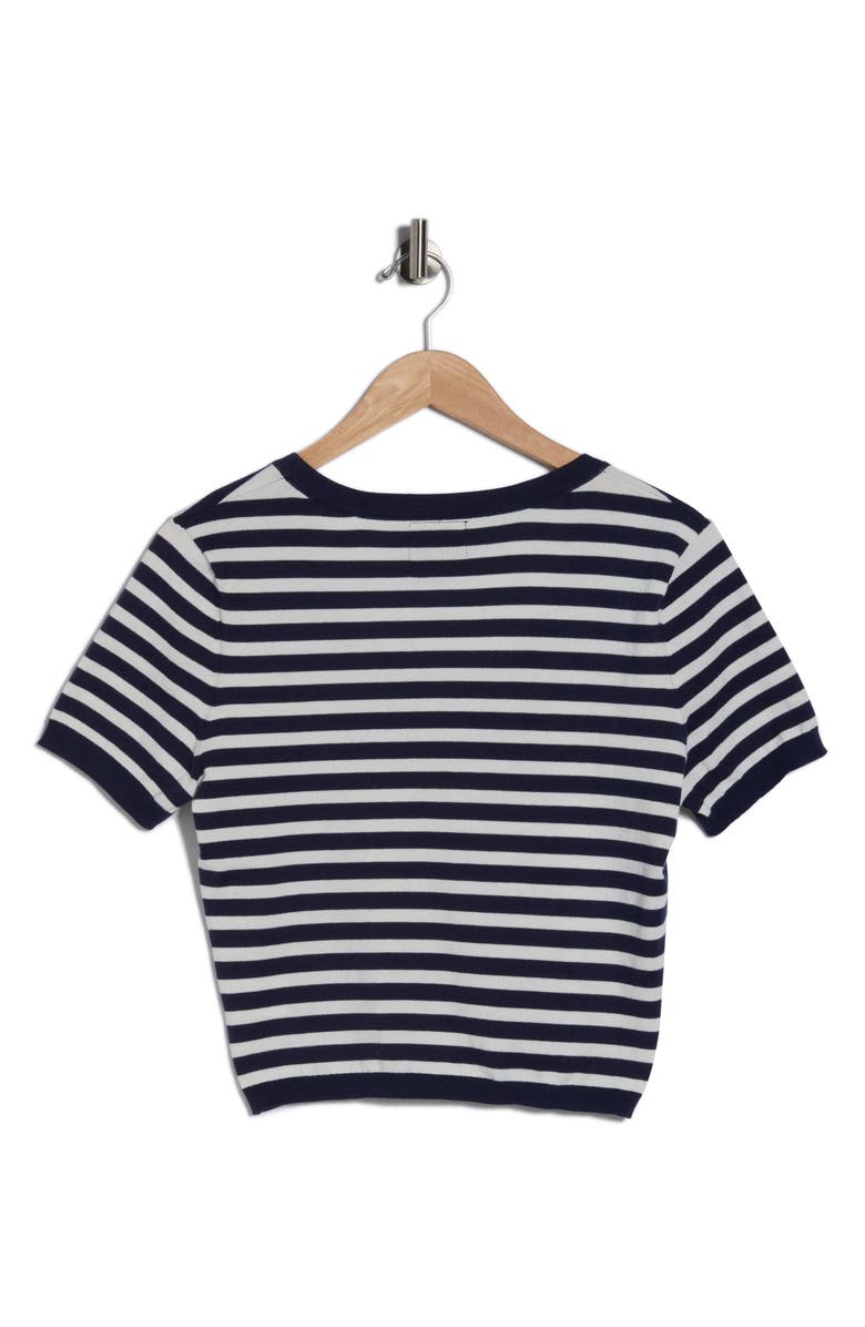 DENIMIST Stripe Short Sleeve Crop Sweater, Alternate, color, Navy / Ecru Stripe