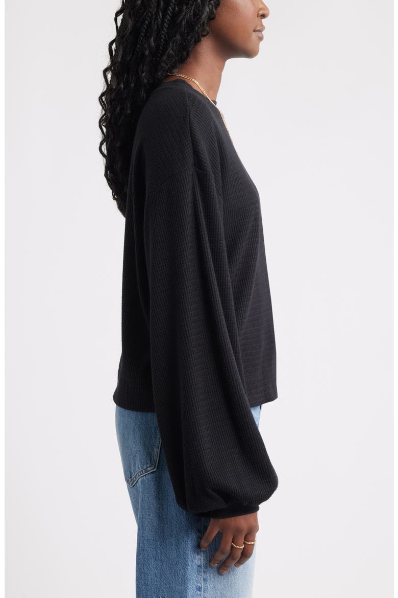 Blouson Sleeve Waffle Knit Top, Alternate, color, BLACK