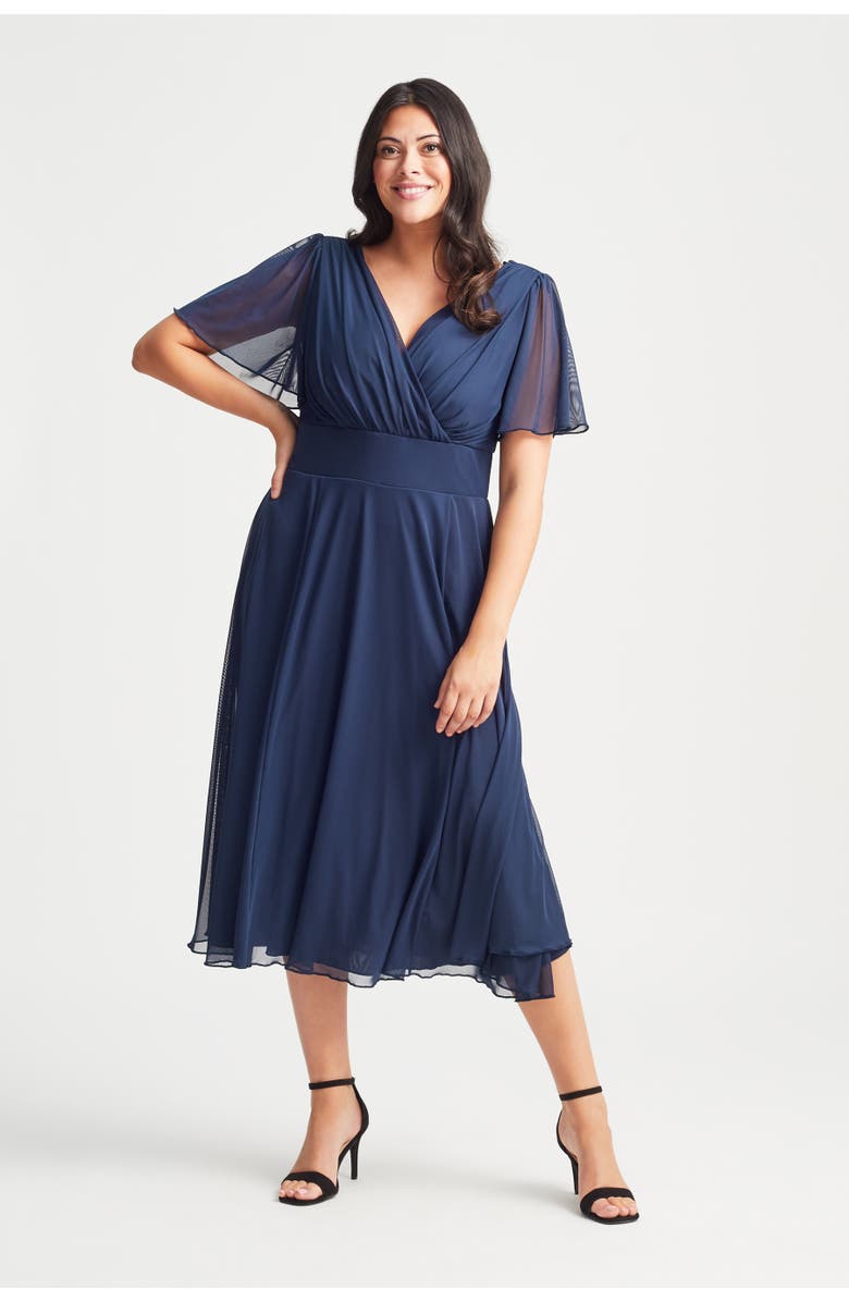 Scarlett & Jo Victoria Solid Angel Sleeve Midi Dress, Main, color, Solid Navy