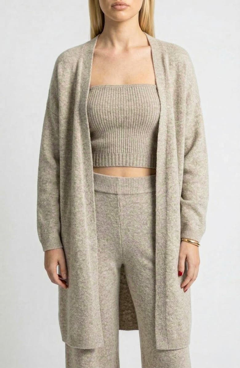 Knit & Lounge Three Piece Ribbed Knit Set with Long Cardigan, Cropped Top and Wide Leg Pants, Alternate, color, Beige, Gray, Striped