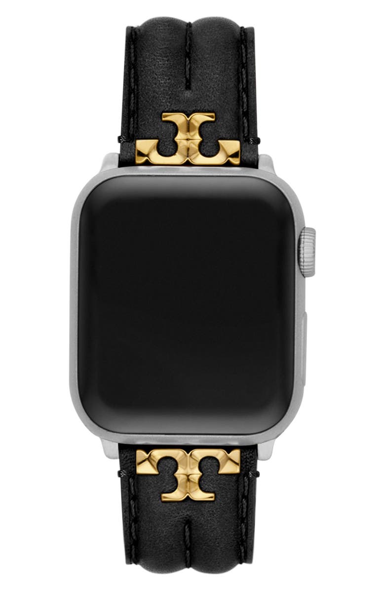 Tory Burch The Kira Leather 20mm Apple Watch<sup>®</sup> Watchband, Alternate, color, Black