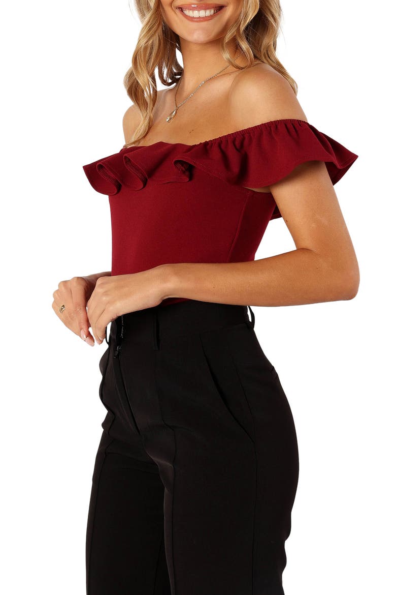 Mikaela Ruffle Bodysuit, Alternate, color, DARK RED