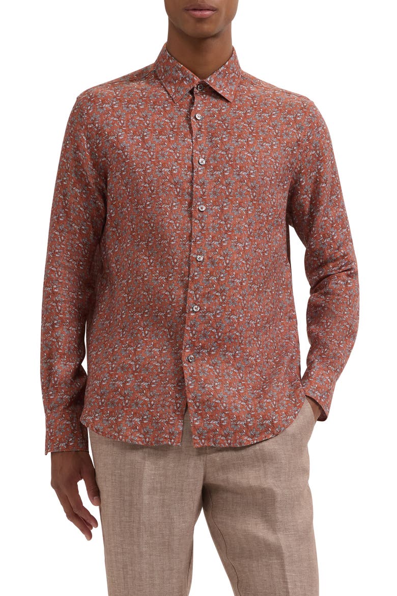 Julian Shaped Fit Floral Linen Button-Up Shirt, Main, color, SIENNA